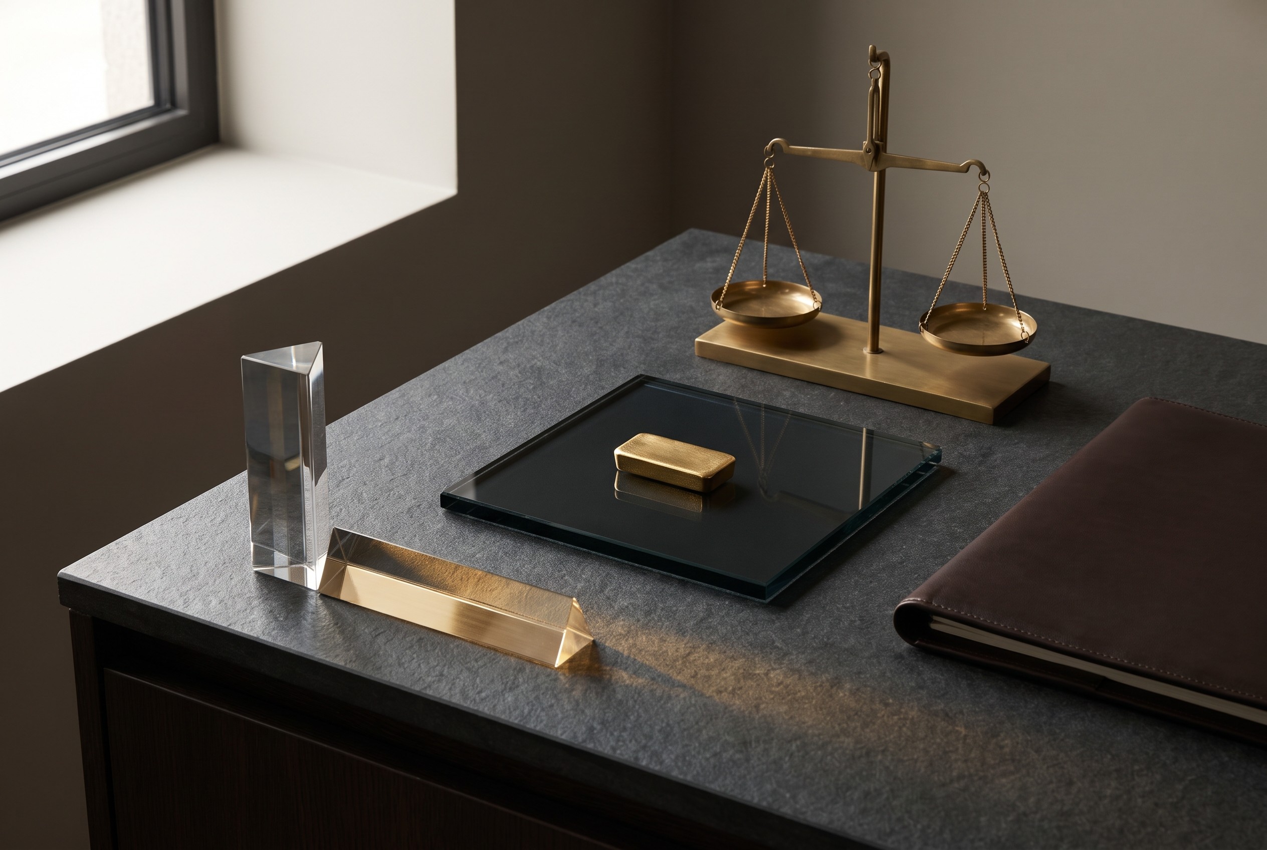 Unmarked gold sample, balance and refracted light representing measured market analysis