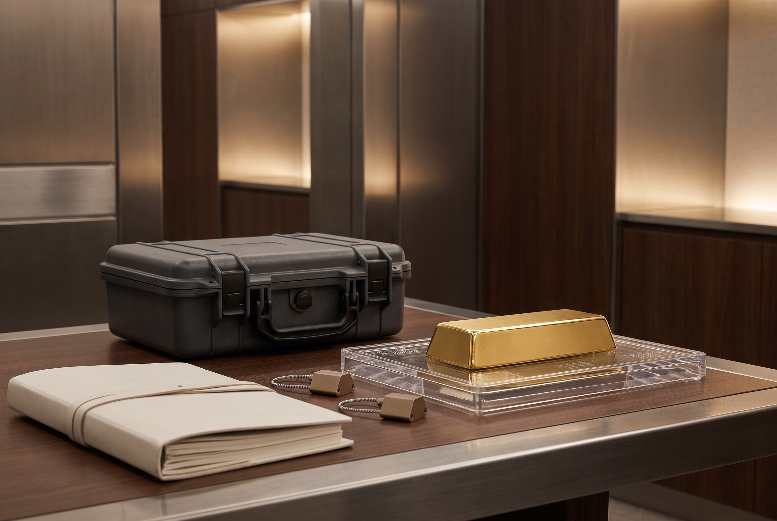 Verified gold, secure transit case and sealed documentation representing integrated precious-metals solutions