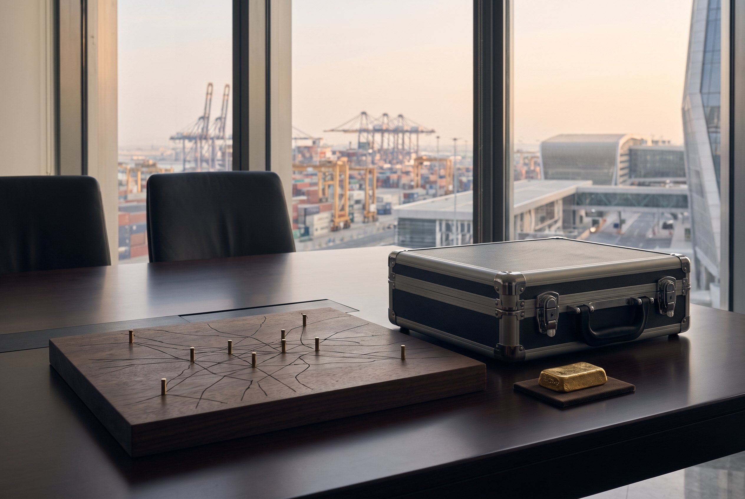 Secure international precious-metals operations table overlooking a logistics terminal