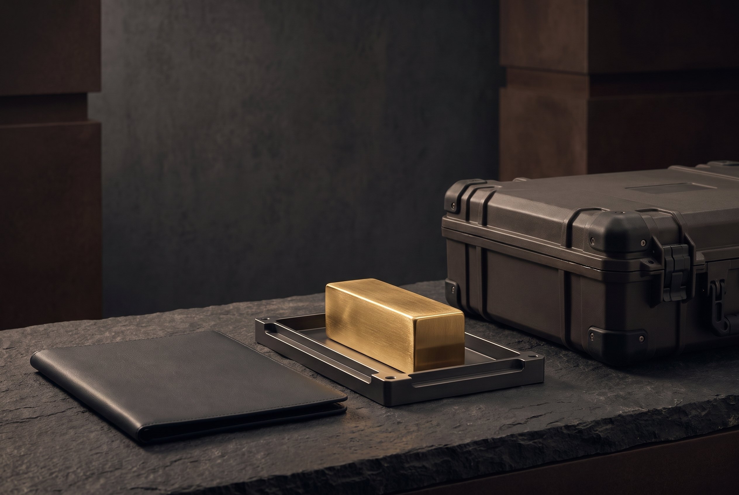 Unmarked gold sample, secure transport case and institutional documentation